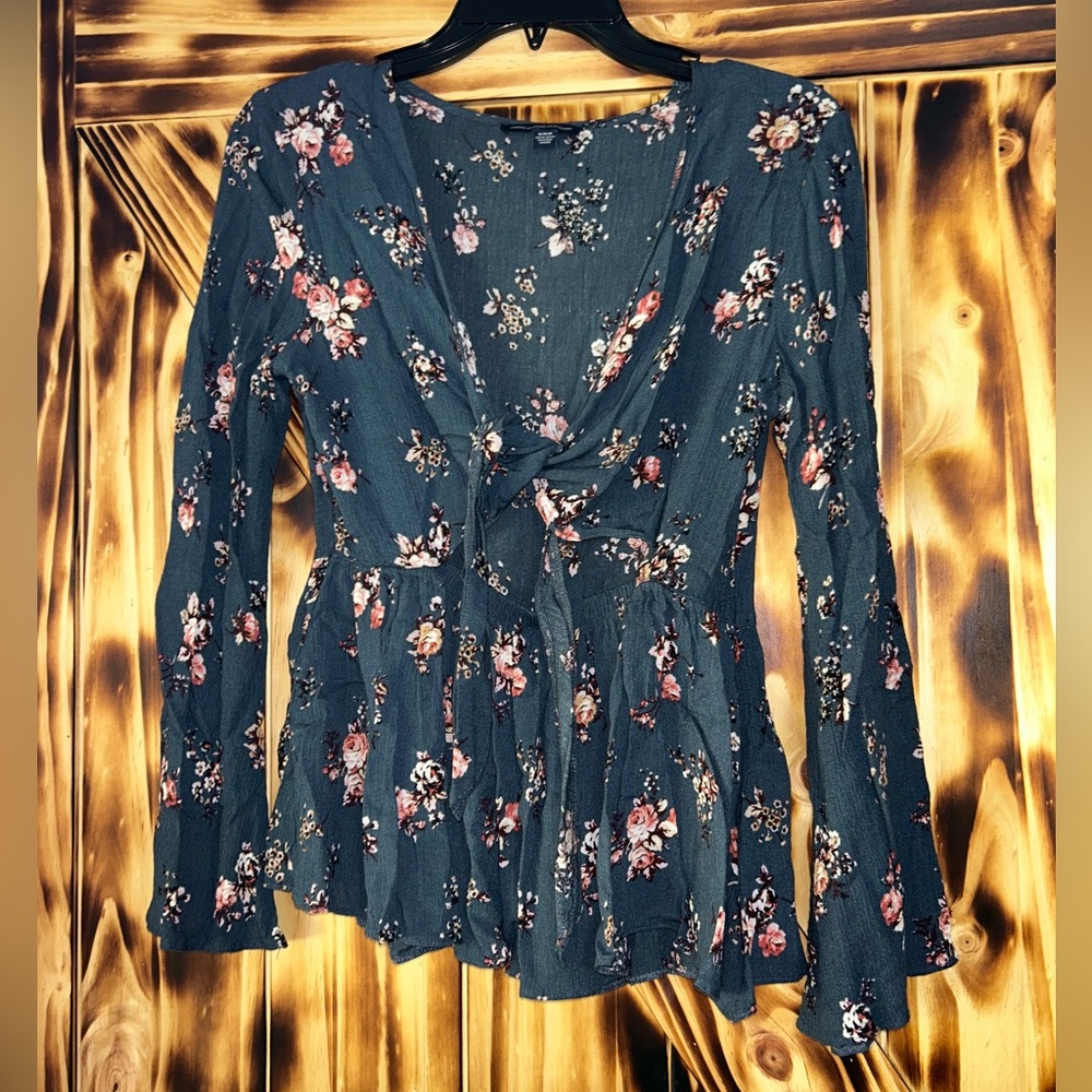 American Eagle Outfitters Floral Wrap Blouse - Deep Blue